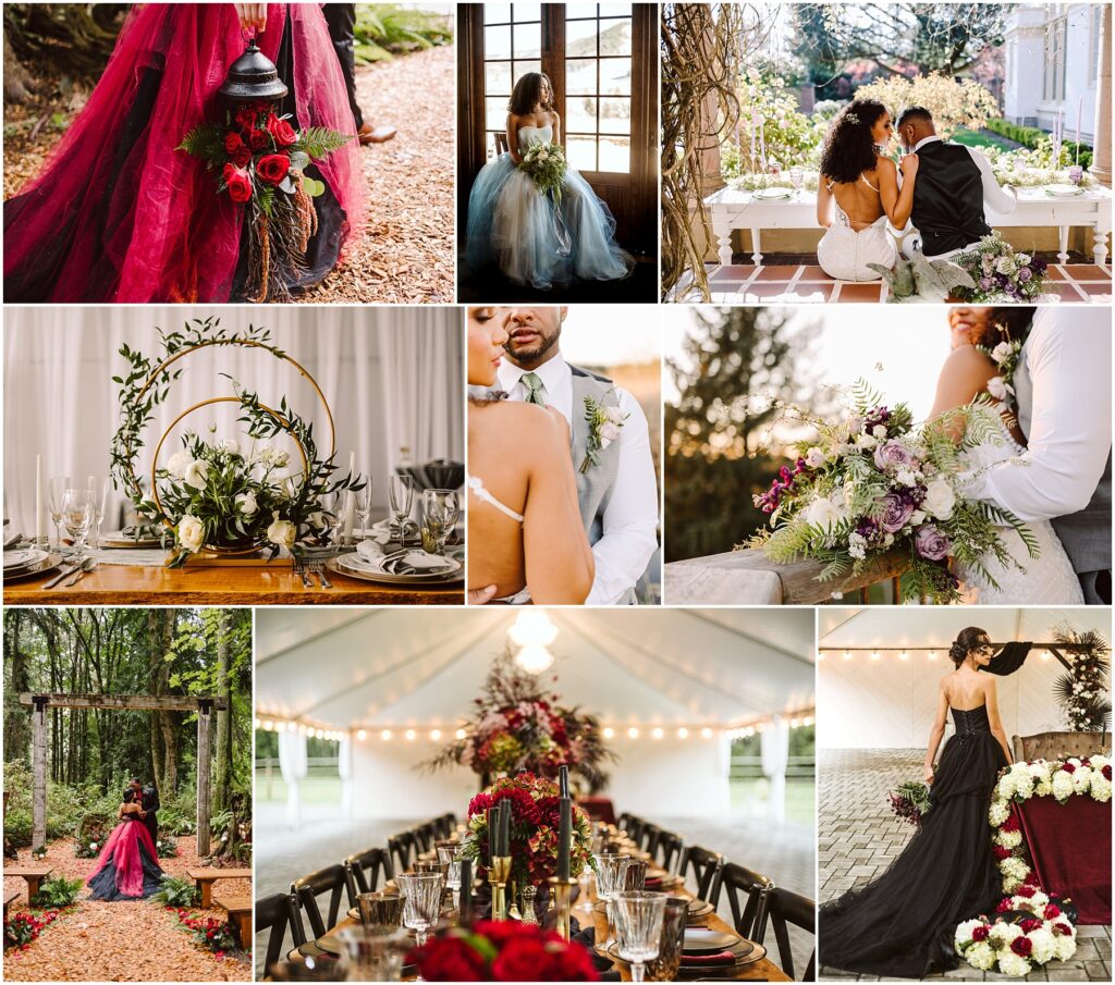 Snohomish Wedding Photographer GSquared Weddings A collage of wedding scenes a bride in a red dress another in blue by a window a couple seated outdoors floral table settings a bride with a bouquet a forest path a tented dinner setup and a blackdressed bride outside Serving Seattle Snohomish and Washington State Snohomish Wedding Photographer GSquared Weddings A collage of wedding scenes: a bride in a red dress, another in blue by a window, a couple seated outdoors, floral table settings, a bride with a bouquet, a forest path, a tented dinner setup, and a black-dressed bride outside. Serving Seattle, Snohomish and Washington State