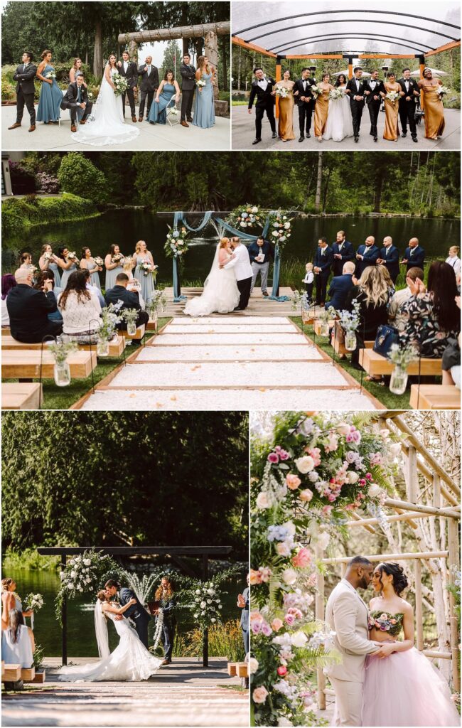 Snohomish Wedding Photographer GSquared Weddings A collage of five wedding photos groups of bridesmaids and groomsmen posing couples kissing outdoors and a wedding ceremony by a lakeside with floral decorations and guests seated on wooden benches Serving Seattle Snohomish and Washington State Snohomish Wedding Photographer GSquared Weddings A collage of five wedding photos: groups of bridesmaids and groomsmen posing, couples kissing outdoors, and a wedding ceremony by a lakeside with floral decorations and guests seated on wooden benches. Serving Seattle, Snohomish and Washington State