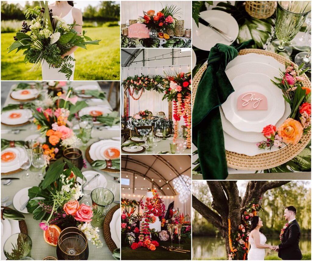 Snohomish Wedding Photographer GSquared Weddings A collage of vibrant tropicalthemed wedding decor with lush floral arrangements green and orange table settings and a couple standing outdoors The setup includes a table with greenery an arch with colorful flowers and elegant dinnerware Serving Seattle Snohomish and Washington State Snohomish Wedding Photographer GSquared Weddings A collage of vibrant tropical-themed wedding decor with lush floral arrangements, green and orange table settings, and a couple standing outdoors. The setup includes a table with greenery, an arch with colorful flowers, and elegant dinnerware. Serving Seattle, Snohomish and Washington State