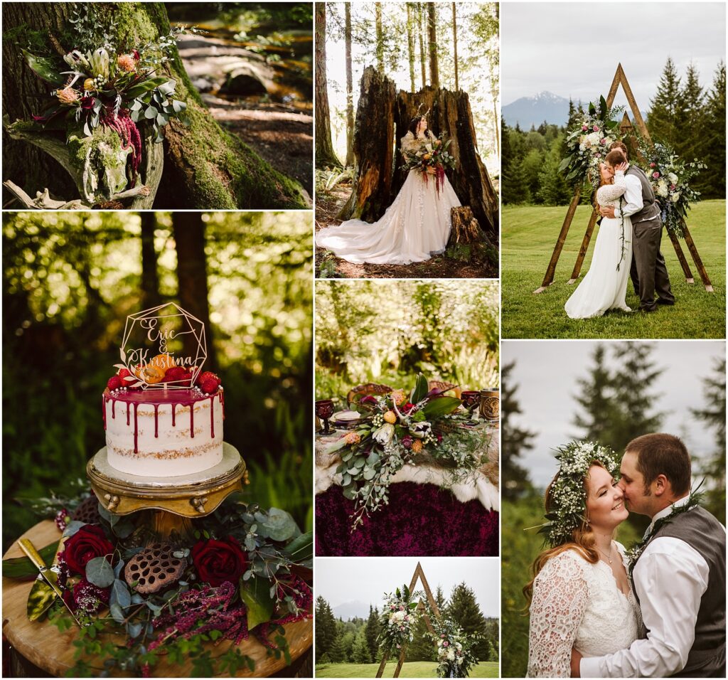 Snohomish Wedding Photographer GSquared Weddings A collage of a rustic outdoor wedding featuring a couple embracing a white cake with red and white floral decor a wedding gown draped over a tree stump and a floraladorned triangle arch in a forest setting Serving Seattle Snohomish and Washington State Snohomish Wedding Photographer GSquared Weddings A collage of a rustic outdoor wedding featuring a couple embracing, a white cake with red and white floral decor, a wedding gown draped over a tree stump, and a floral-adorned triangle arch in a forest setting. Serving Seattle, Snohomish and Washington State