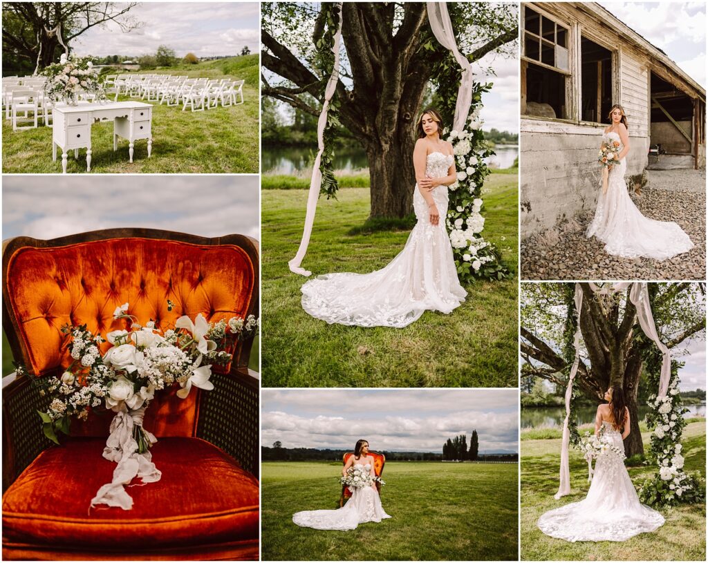 Snohomish Wedding Photographer GSquared Weddings Collage of a bride in a lace gown posing outdoors with a floral bouquet She stands near a large tree and rustic building Theres a vintage chair with floral decor and a ceremony setup with chairs and a table all set against a scenic landscape Serving Seattle Snohomish and Washington State Snohomish Wedding Photographer GSquared Weddings Collage of a bride in a lace gown posing outdoors with a floral bouquet. She stands near a large tree and rustic building. Theres a vintage chair with floral decor and a ceremony setup with chairs and a table, all set against a scenic landscape. Serving Seattle, Snohomish and Washington State
