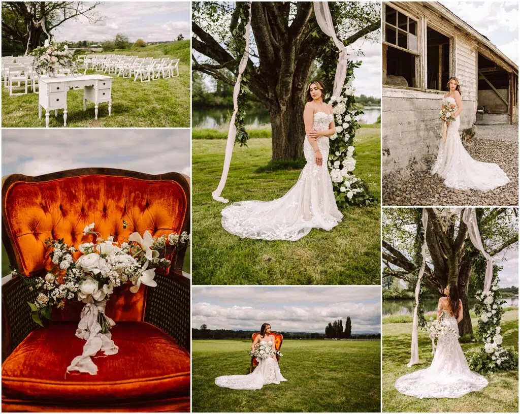 Snohomish Wedding Photographer GSquared Weddings Collage of a bride in a lace gown posing outdoors with a floral bouquet She stands near a large tree and rustic building Theres a vintage chair with floral decor and a ceremony setup with chairs and a table all set against a scenic landscape Serving Seattle Snohomish and Washington State Snohomish Wedding Photographer GSquared Weddings Collage of a bride in a lace gown posing outdoors with a floral bouquet. She stands near a large tree and rustic building. Theres a vintage chair with floral decor and a ceremony setup with chairs and a table, all set against a scenic landscape. Serving Seattle, Snohomish and Washington State