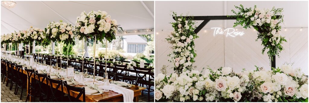 Snohomish Wedding Photographer GSquared Weddings Elegant wedding reception table under a white tent adorned with tall floral centerpieces of white and pink roses A wooden arch decorated with similar flowers and a The Rose neon sign is visible in the background Serving Seattle Snohomish and Washington State Snohomish Wedding Photographer GSquared Weddings Elegant wedding reception table under a white tent, adorned with tall floral centerpieces of white and pink roses. A wooden arch decorated with similar flowers and a The Rose neon sign is visible in the background. Serving Seattle, Snohomish and Washington State