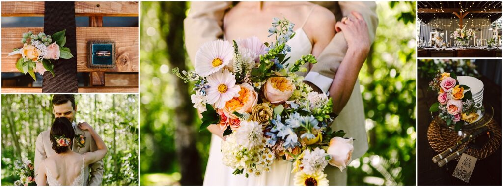 Snohomish Wedding Photographer GSquared Weddings Collage of wedding images bride holding a vibrant bouquet couple embracing with floral hairpiece wedding rings on a wooden table decorated cake with flowers and reception with string lights and set tables Serving Seattle Snohomish and Washington State Snohomish Wedding Photographer GSquared Weddings Collage of wedding images: bride holding a vibrant bouquet, couple embracing with floral hairpiece, wedding rings on a wooden table, decorated cake with flowers, and reception with string lights and set tables. Serving Seattle, Snohomish and Washington State