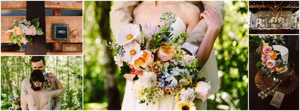 Snohomish Wedding Photographer GSquared Weddings Collage of wedding images bride holding a vibrant bouquet couple embracing with floral hairpiece wedding rings on a wooden table decorated cake with flowers and reception with string lights and set tables Serving Seattle Snohomish and Washington State Snohomish Wedding Photographer GSquared Weddings Collage of wedding images: bride holding a vibrant bouquet, couple embracing with floral hairpiece, wedding rings on a wooden table, decorated cake with flowers, and reception with string lights and set tables. Serving Seattle, Snohomish and Washington State