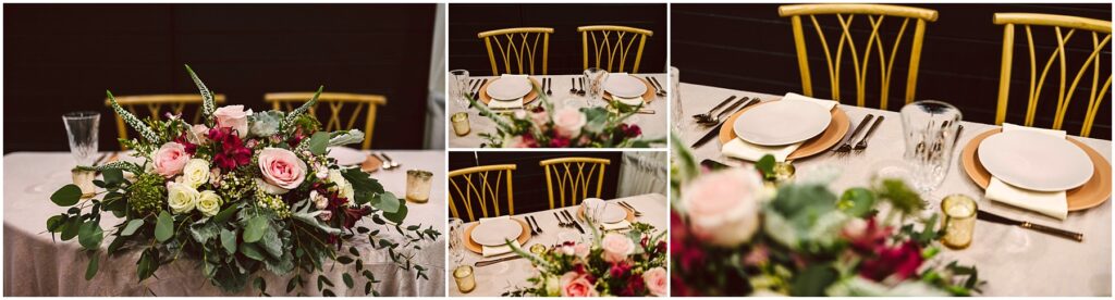 Snohomish Wedding Photographer GSquared Weddings Close-up of an elegantly set dining table with two place settings. The table features gold chairs, white plates on gold chargers, silver cutlery, and glasses. A lush floral centerpiece with pink, red, and white flowers and greenery adorns the table. Serving Seattle, Snohomish and Washington State