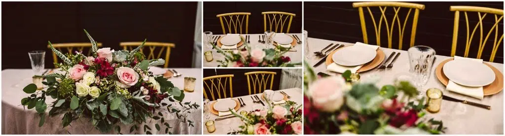 Snohomish Wedding Photographer GSquared Weddings Closeup of an elegantly set dining table with two place settings The table features gold chairs white plates on gold chargers silver cutlery and glasses A lush floral centerpiece with pink red and white flowers and greenery adorns the table Serving Seattle Snohomish and Washington State Snohomish Wedding Photographer GSquared Weddings Close-up of an elegantly set dining table with two place settings. The table features gold chairs, white plates on gold chargers, silver cutlery, and glasses. A lush floral centerpiece with pink, red, and white flowers and greenery adorns the table. Serving Seattle, Snohomish and Washington State
