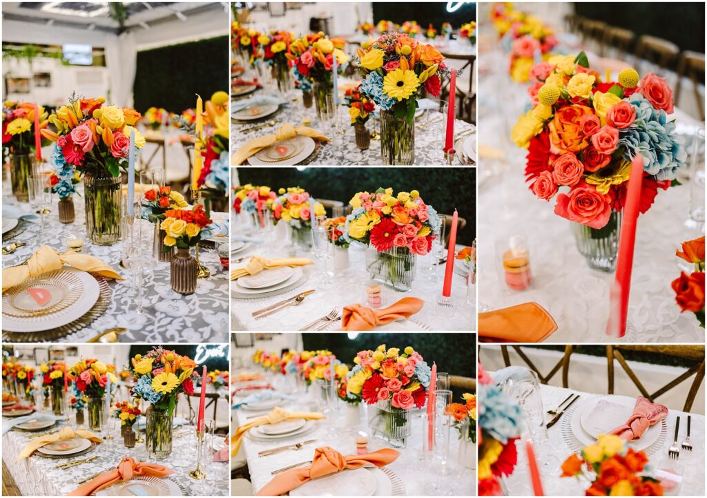 Snohomish Wedding Photographer GSquared Weddings A beautifully arranged dining table features vibrant floral centerpieces with roses, gerberas, and hydrangeas in pink, yellow, and blue. Settings include white plates, gold-tone cutlery, and orange or mustard napkins on a white lace tablecloth. Serving Seattle, Snohomish and Washington State