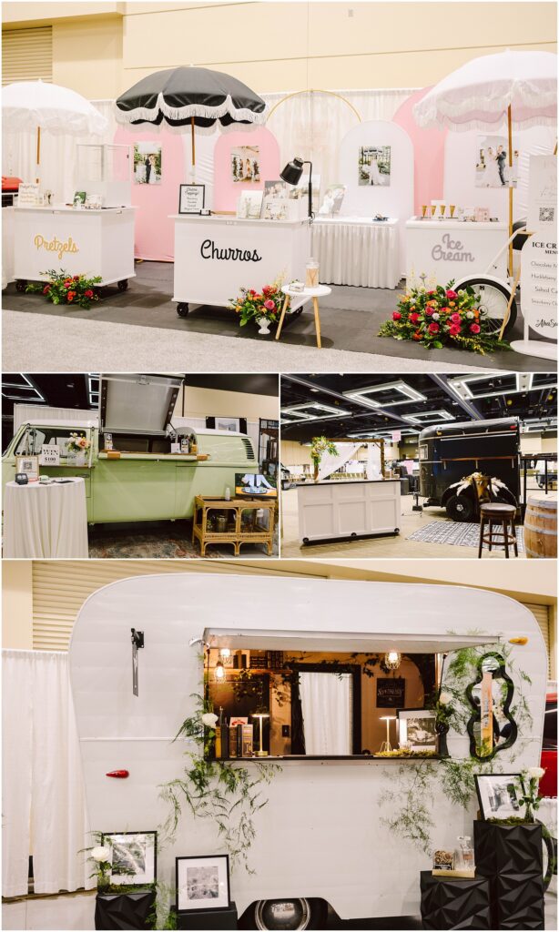 Snohomish Wedding Photographer GSquared Weddings A display of various vintage-themed food carts and trailers, including one selling churros and another with an ice cream sign. Decor involves retro accents, plants, framed photos, and decorative umbrellas against a soft pink and white backdrop. Serving Seattle, Snohomish and Washington State