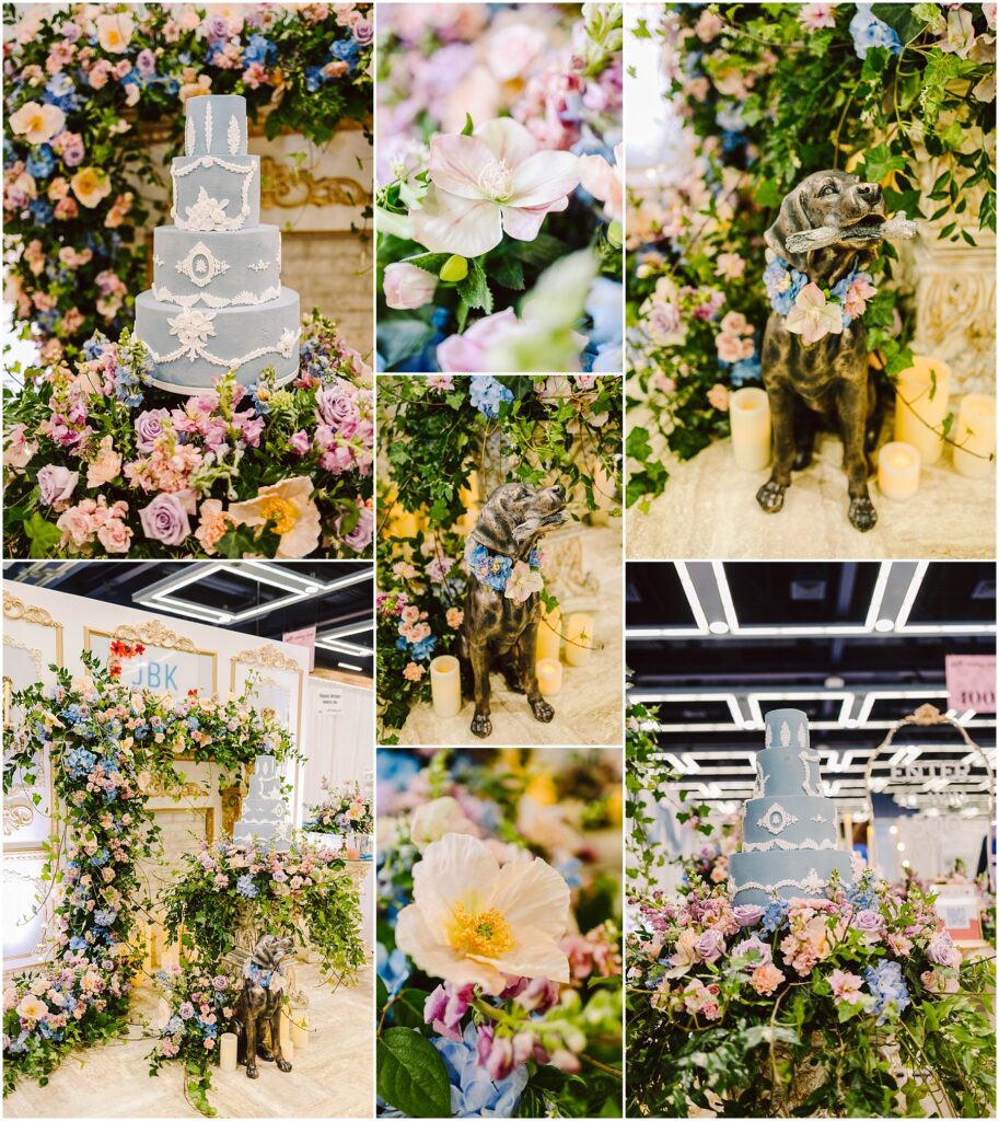 Snohomish Wedding Photographer GSquared Weddings A collage featuring a blue tiered cake with floral designs, surrounded by lush bouquets of pink and white flowers. A bronze dog statue adorned with a wreath, and a decorated archway with initials J B K completes the elegant setup. Serving Seattle, Snohomish and Washington State