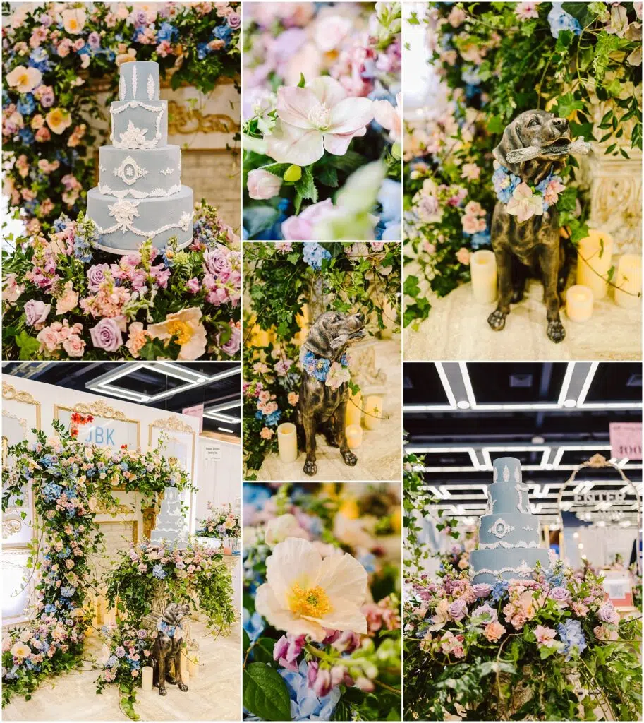 Snohomish Wedding Photographer GSquared Weddings A collage featuring a blue tiered cake with floral designs surrounded by lush bouquets of pink and white flowers A bronze dog statue adorned with a wreath and a decorated archway with initials J B K completes the elegant setup Serving Seattle Snohomish and Washington State Snohomish Wedding Photographer GSquared Weddings A collage featuring a blue tiered cake with floral designs, surrounded by lush bouquets of pink and white flowers. A bronze dog statue adorned with a wreath, and a decorated archway with initials J B K completes the elegant setup. Serving Seattle, Snohomish and Washington State