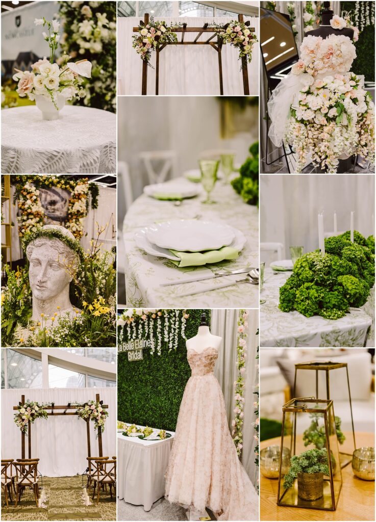 Snohomish Wedding Photographer GSquared Weddings Collage of wedding decor: floral arrangements, a table set with green accents, a white gown on display, a wooden arch with flowers, and decorative plants. Includes a statue head adorned with flowers and green glassware. Serving Seattle, Snohomish and Washington State
