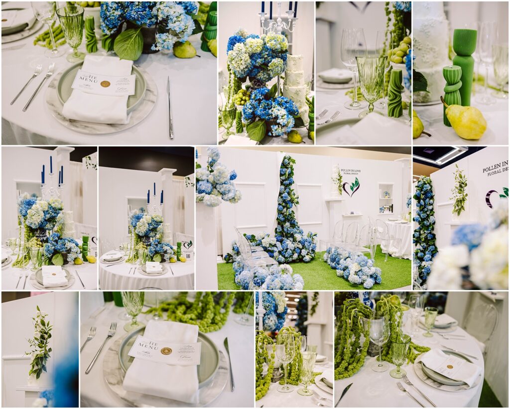 Snohomish Wedding Photographer GSquared Weddings Collage of a wedding table setup with blue and white floral arrangements. Includes close-ups of plates with menus, glasses, green candles, and lemons as decor. The setting exudes elegance with a nature-inspired theme. Serving Seattle, Snohomish and Washington State