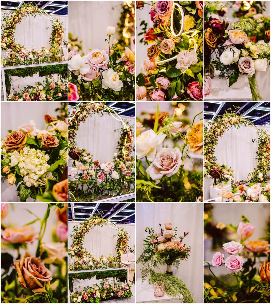 Snohomish Wedding Photographer GSquared Weddings A collage of floral arrangements featuring roses and various flowers in pink, peach, and cream shades, with greenery. Includes archways, bouquets, and decorations, creating an elegant, romantic atmosphere. Serving Seattle, Snohomish and Washington State
