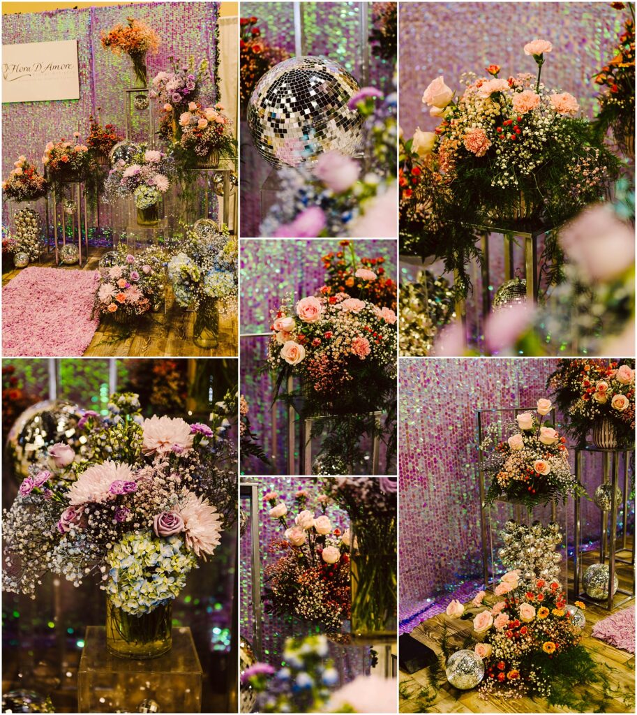 Snohomish Wedding Photographer GSquared Weddings A collage of floral arrangements featuring pink, purple, and white flowers with greenery. The background has a shiny, sequin-like surface. A disco ball is included in some images, adding a touch of sparkle. Serving Seattle, Snohomish and Washington State