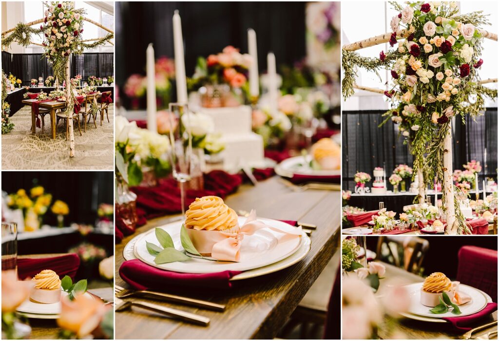 Snohomish Wedding Photographer GSquared Weddings Elegant table setting with vibrant floral arrangements. Tables feature burgundy napkins, gold flatware, and orange rosette desserts on white plates. Background showcases lavish flower centerpieces. Warm, inviting atmosphere. Serving Seattle, Snohomish and Washington State