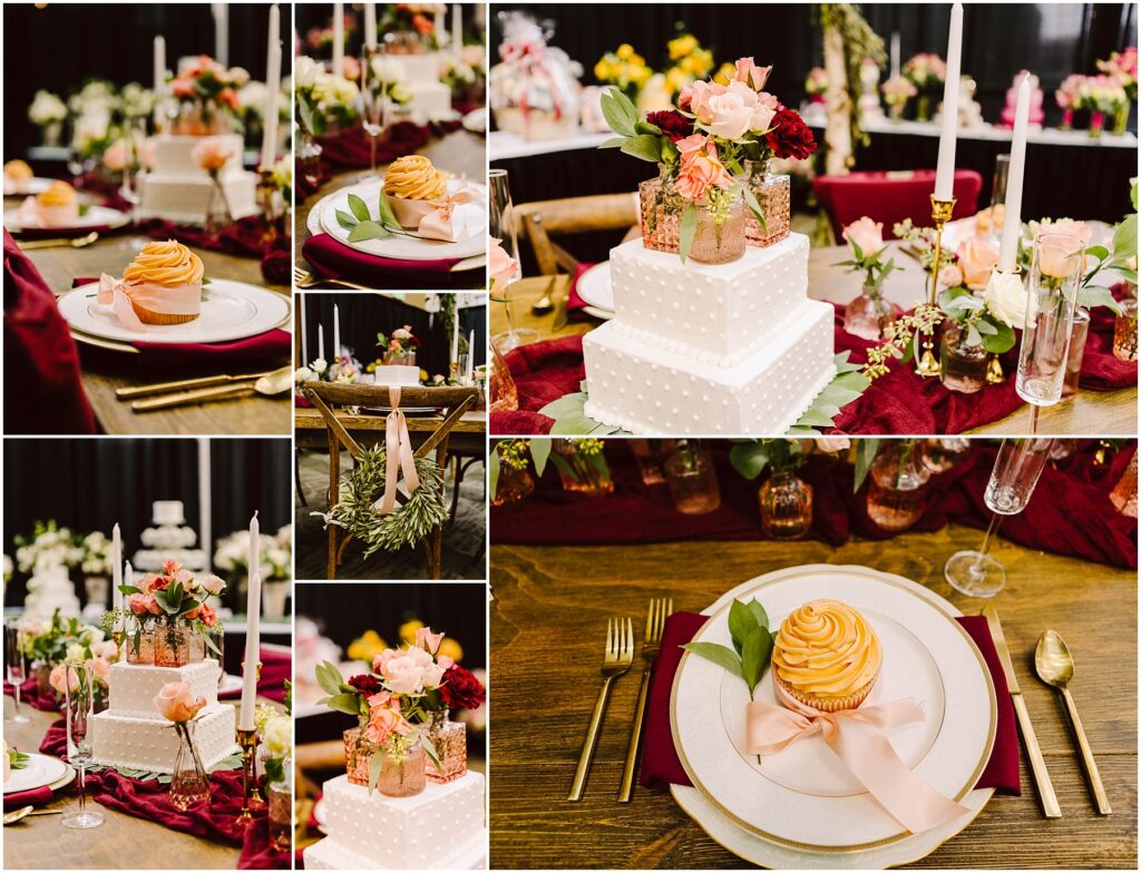 Snohomish Wedding Photographer GSquared Weddings Elegant table setting collage featuring a cupcake with frosting on a plate and a beautifully wrapped gift box. Surrounding decor includes pink and red flowers, candles, and a lush tablescape with gold accents and greenery. Serving Seattle, Snohomish and Washington State