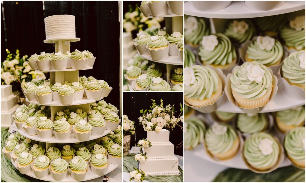 Snohomish Wedding Photographer GSquared Weddings A tiered cupcake stand with white and green frosted cupcakes surrounds a white cake with floral decorations. The setup includes elegant greenery and floral arrangements in the background. Serving Seattle, Snohomish and Washington State