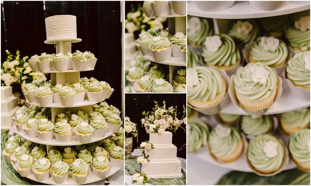 Snohomish Wedding Photographer GSquared Weddings A tiered cupcake stand with white and green frosted cupcakes surrounds a white cake with floral decorations The setup includes elegant greenery and floral arrangements in the background Serving Seattle Snohomish and Washington State Snohomish Wedding Photographer GSquared Weddings A tiered cupcake stand with white and green frosted cupcakes surrounds a white cake with floral decorations. The setup includes elegant greenery and floral arrangements in the background. Serving Seattle, Snohomish and Washington State