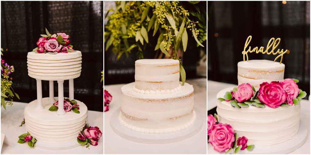 Snohomish Wedding Photographer GSquared Weddings Three white wedding cakes are displayed. The left cake is tiered with pillars and topped with pink roses. The middle cake is three-tiered with minimal decor. The right cake is decorated with pink roses and has a finally topper. Serving Seattle, Snohomish and Washington State