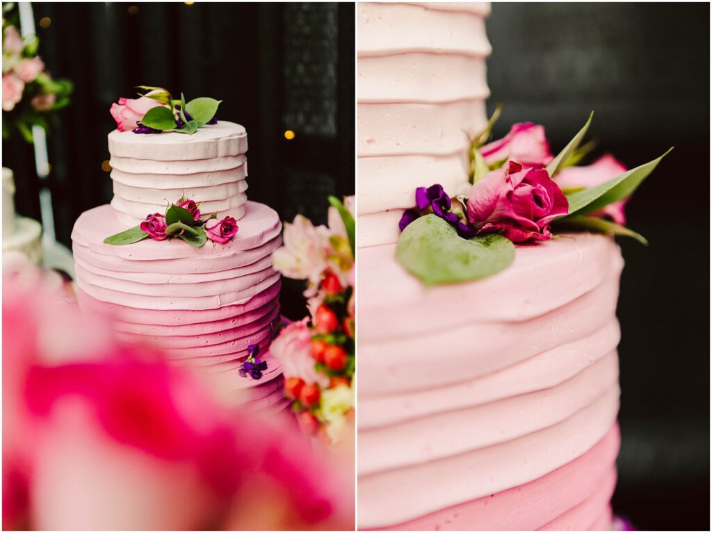 Snohomish Wedding Photographer GSquared Weddings Two images of a pink, three-tiered cake with textured frosting. The cake is adorned with pink roses, green leaves, and a few small flowers. The left image shows the full cake, and the right image focuses on the floral decoration. Serving Seattle, Snohomish and Washington State