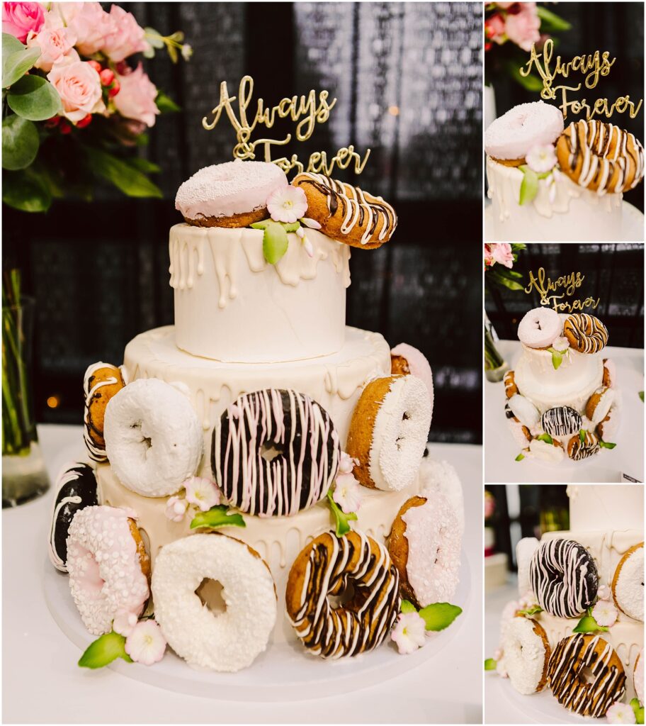 Snohomish Wedding Photographer GSquared Weddings A three-tier white wedding cake decorated with assorted donuts and small pink flowers. The cake topper reads Always & Forever. A bouquet of pink flowers is visible in the background. Serving Seattle, Snohomish and Washington State