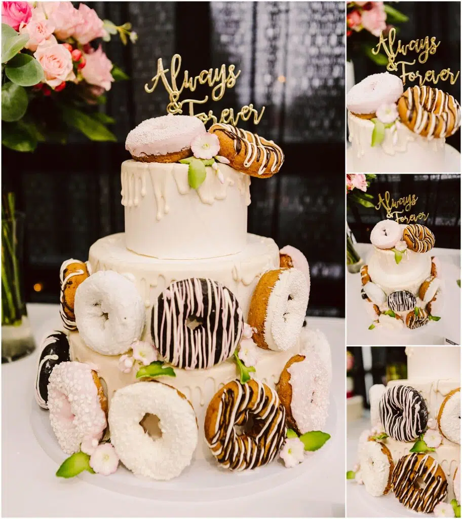Snohomish Wedding Photographer GSquared Weddings A threetier white wedding cake decorated with assorted donuts and small pink flowers The cake topper reads Always Forever A bouquet of pink flowers is visible in the background Serving Seattle Snohomish and Washington State Snohomish Wedding Photographer GSquared Weddings A three-tier white wedding cake decorated with assorted donuts and small pink flowers. The cake topper reads Always & Forever. A bouquet of pink flowers is visible in the background. Serving Seattle, Snohomish and Washington State