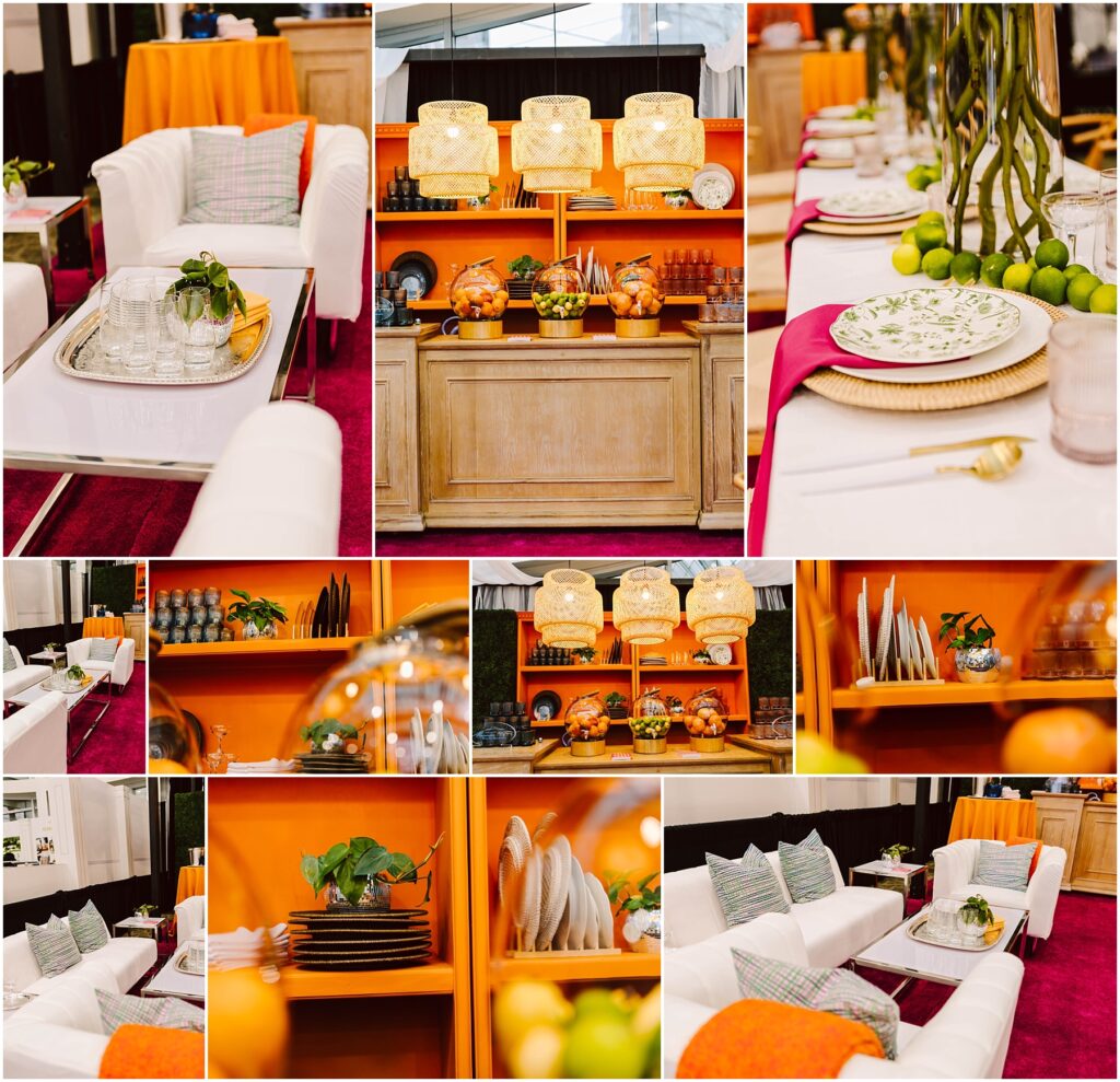 Snohomish Wedding Photographer GSquared Weddings Collage of a stylish, vibrant living area with white couches, orange walls, decorative plates, and green plants. Features include glassware, colorful pillows, and festive table settings with patterned dishes and citrus accents. Serving Seattle, Snohomish and Washington State