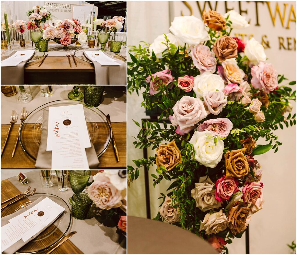 Snohomish Wedding Photographer GSquared Weddings A collage of a wedding table setting with floral arrangements. Left images show a table with clear plates, a menu, and pink and white flowers. Right image features a large bouquet of roses in various shades, with greenery. Serving Seattle, Snohomish and Washington State