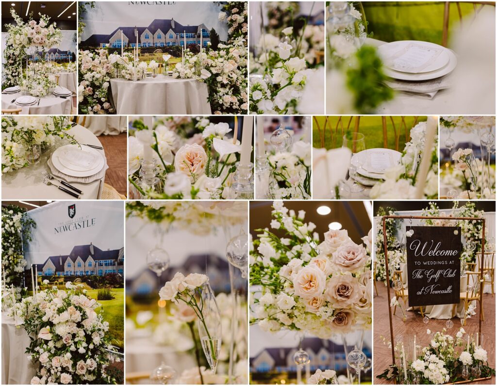 Snohomish Wedding Photographer GSquared Weddings A collage of wedding décor featuring elegant table settings with white plates, glasses, and floral arrangements of white and blush roses. A welcome sign with the text Welcome to Newcastle is surrounded by flowers. Serving Seattle, Snohomish and Washington State