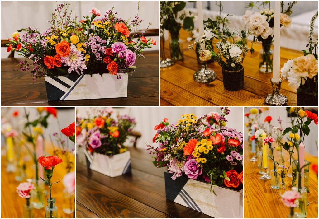 Snohomish Wedding Photographer GSquared Weddings A collage of floral arrangements on wooden tables. The main image shows a rectangular vase with vibrant flowers. Smaller images display various colorful blooms and glass bottles with single stems, creating an elegant and rustic atmosphere. Serving Seattle, Snohomish and Washington State
