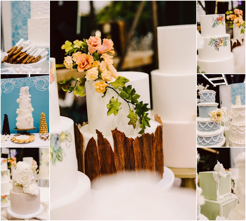 Snohomish Wedding Photographer GSquared Weddings Collage of elegantly decorated cakes, featuring floral designs, intricate lace patterns, and wood-like textures. Varieties include tiered cakes with fondant flowers, piped icing, and colorful accents on a display table. Serving Seattle, Snohomish and Washington State