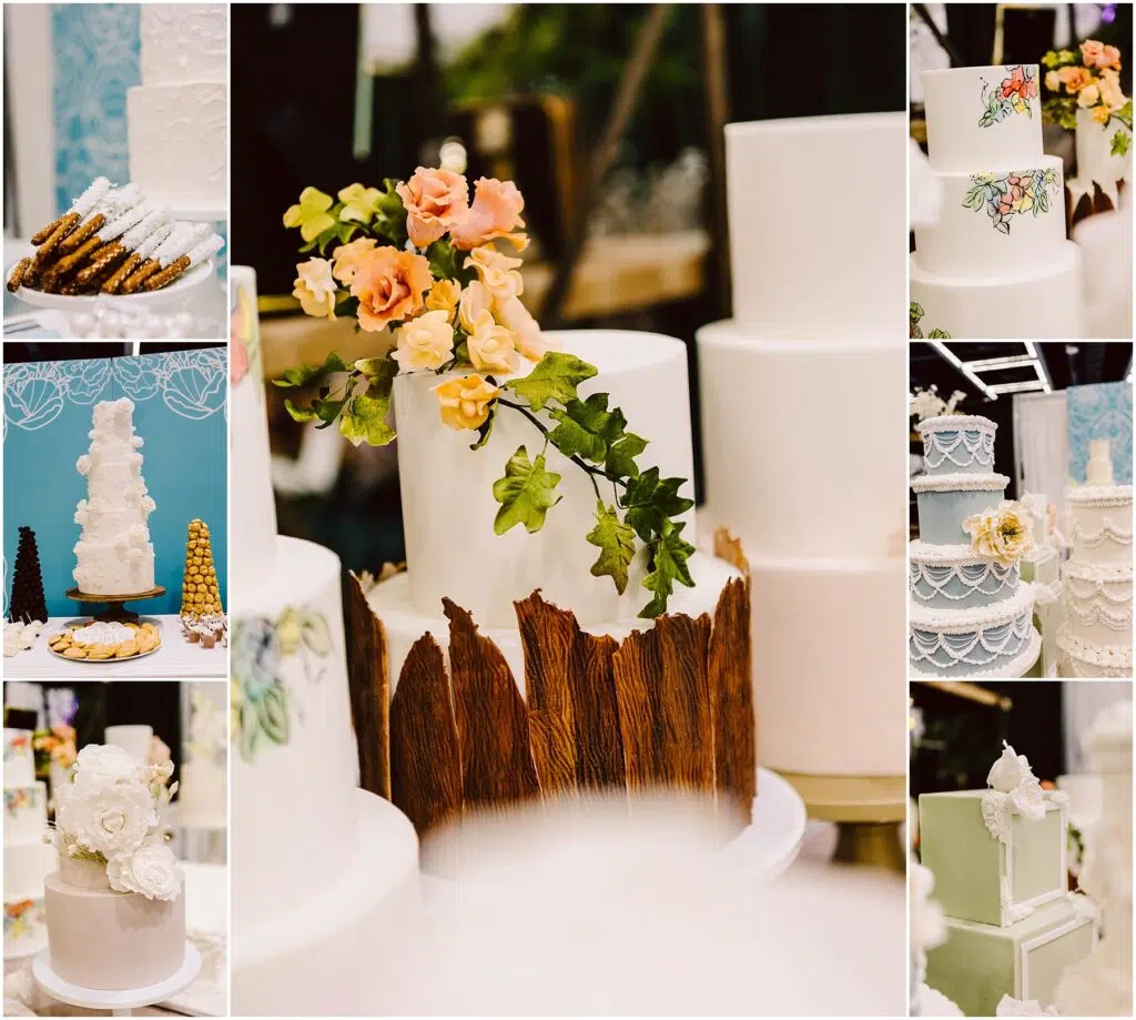 Snohomish Wedding Photographer GSquared Weddings Collage of elegantly decorated cakes featuring floral designs intricate lace patterns and woodlike textures Varieties include tiered cakes with fondant flowers piped icing and colorful accents on a display table Serving Seattle Snohomish and Washington State Snohomish Wedding Photographer GSquared Weddings Collage of elegantly decorated cakes, featuring floral designs, intricate lace patterns, and wood-like textures. Varieties include tiered cakes with fondant flowers, piped icing, and colorful accents on a display table. Serving Seattle, Snohomish and Washington State
