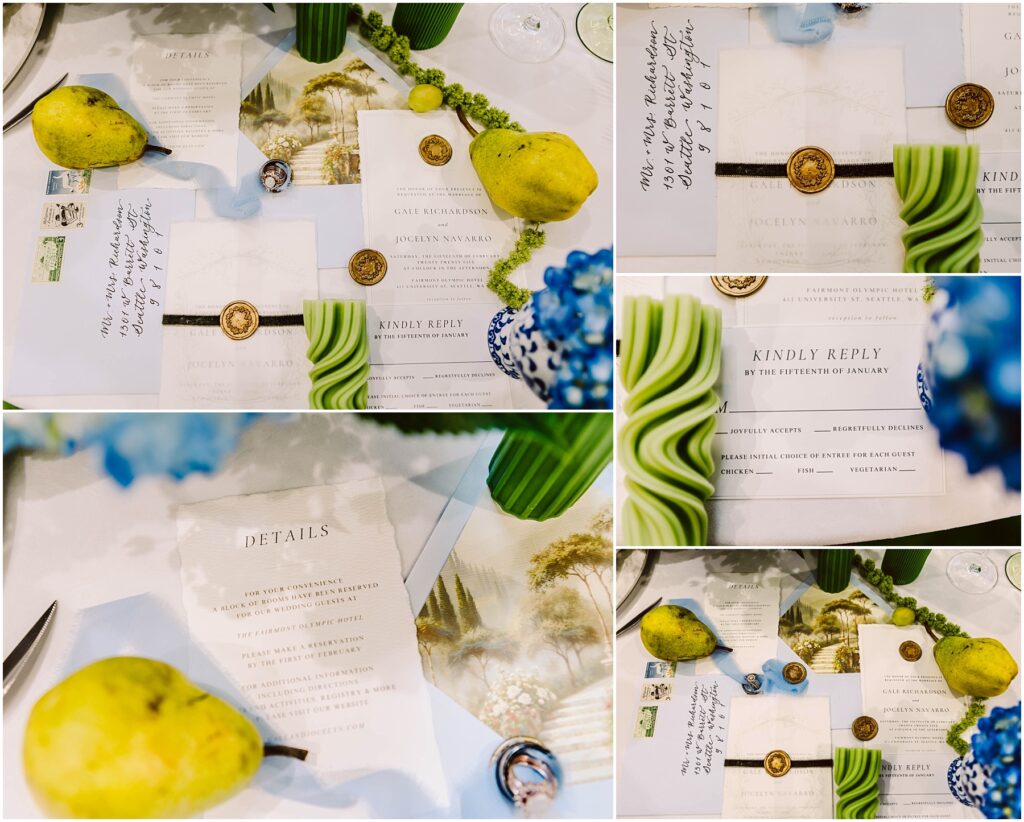 Snohomish Wedding Photographer GSquared Weddings A collection of elegant wedding invitations is displayed on a table. The invitations feature gold wax seals and are surrounded by pears, greenery, and blue hydrangeas. A detail card and RSVP card are included. Serving Seattle, Snohomish and Washington State