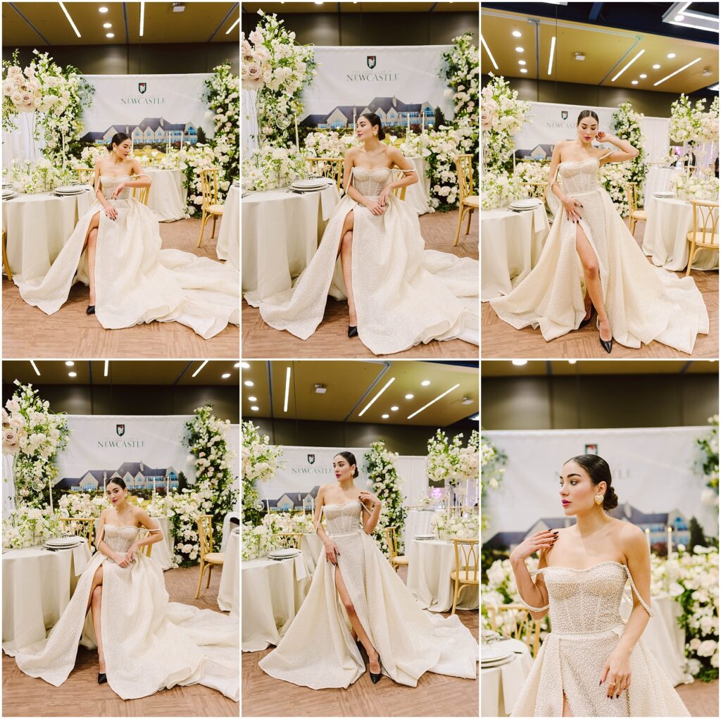 Snohomish Wedding Photographer GSquared Weddings A woman poses elegantly in a strapless beige gown with a thigh-high slit. The background features floral arrangements and a banner with the text NEWGATE. She displays various poses showcasing the gowns details in a well-lit indoor setting. Serving Seattle, Snohomish and Washington State
