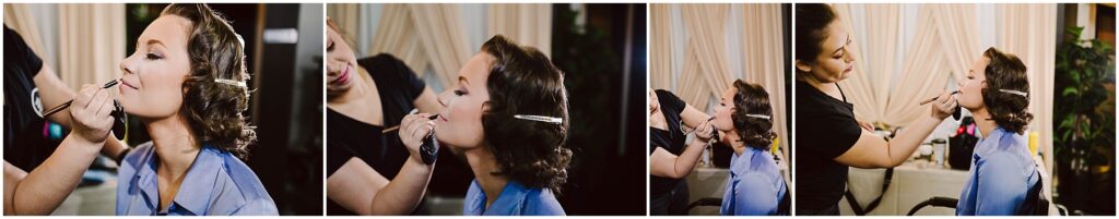 Snohomish Wedding Photographer GSquared Weddings Series of four images showing a woman with curlers in her hair getting her makeup applied by a stylist. She sits in a chair, wearing a blue cape, as the stylist works meticulously on her makeup in a softly lit room. Serving Seattle, Snohomish and Washington State