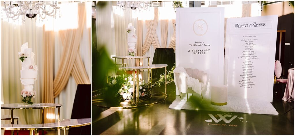 Snohomish Wedding Photographer GSquared Weddings A chic indoor setting with a round table adorned with a tall floral arrangement. A banner on the right reads Welcome to the Winnekta Reserve: A Speakeasy Soirée. A schedule or list is displayed beside it. Elegant decor and curtains enhance the space. Serving Seattle, Snohomish and Washington State