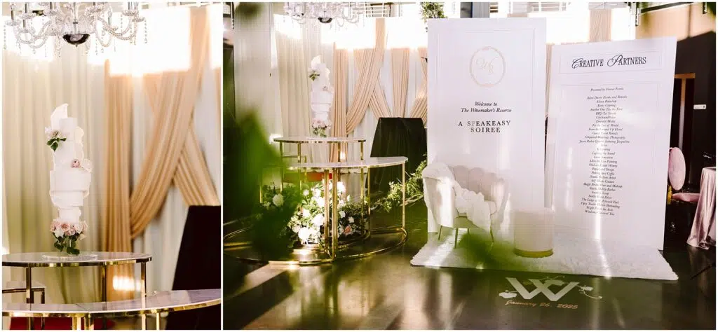 Snohomish Wedding Photographer GSquared Weddings A chic indoor setting with a round table adorned with a tall floral arrangement A banner on the right reads Welcome to the Winnekta Reserve A Speakeasy Soirée A schedule or list is displayed beside it Elegant decor and curtains enhance the space Serving Seattle Snohomish and Washington State Snohomish Wedding Photographer GSquared Weddings A chic indoor setting with a round table adorned with a tall floral arrangement. A banner on the right reads Welcome to the Winnekta Reserve: A Speakeasy Soirée. A schedule or list is displayed beside it. Elegant decor and curtains enhance the space. Serving Seattle, Snohomish and Washington State