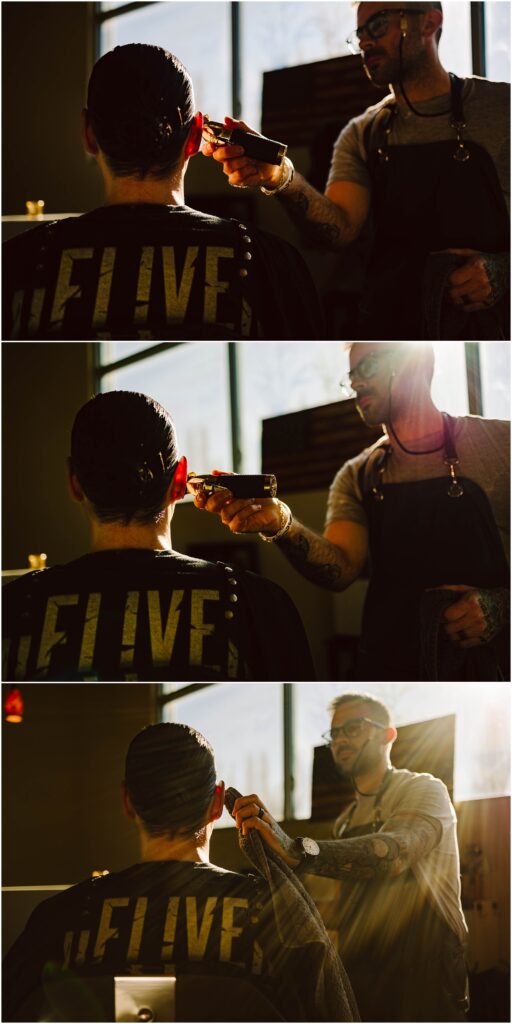 Snohomish Wedding Photographer GSquared Weddings Two images show a barber wearing glasses and an apron trimming a clients hair with clippers. The client, with dark, slicked-back hair, wears a shirt with LIVE printed on the back. Sunlight streams through large windows, casting warm shadows. Serving Seattle, Snohomish and Washington State