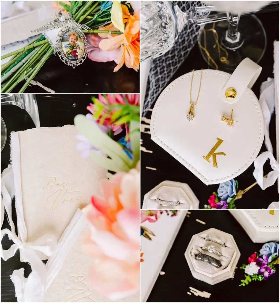 Snohomish Wedding Photographer GSquared Weddings Wedding accessories collage: a bouquet with a vintage brooch, a gold necklace next to earrings on a pouch with the Machias K initial, a white vow book with gold lettering, and a set of rings in hexagonal boxes adorned with floral accents. Serving Seattle, Snohomish and Washington State