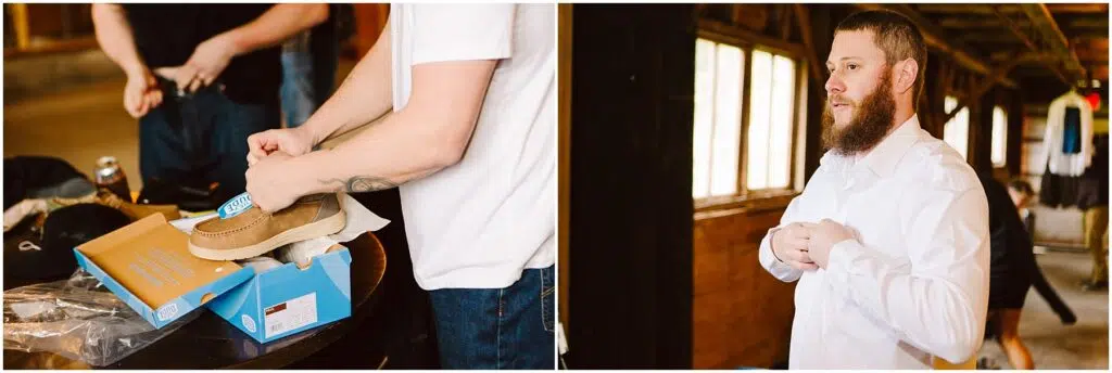 Snohomish Wedding Photographer GSquared Weddings Two images side by side: Left, a person ties laces on tan shoes near a shoebox, perhaps in Machias. Right, a bearded man in a white shirt buttons his cuffs, preparing for a formal occasion in a rustic setting. Serving Seattle, Snohomish and Washington State