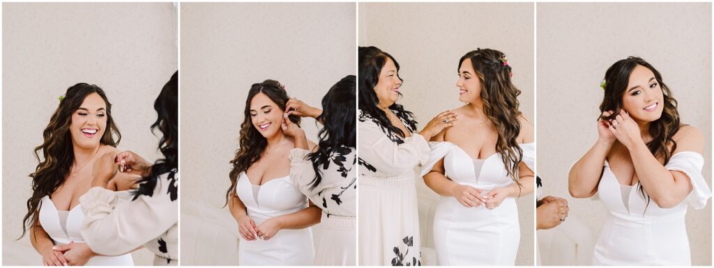 Snohomish Wedding Photographer GSquared Weddings In the heart of Machias, a bride with long, wavy hair smiles as she gets ready. Clad in a strapless white dress, joy fills the air as another person lovingly assists with her hair and accessories, creating an intimate atmosphere. Serving Seattle, Snohomish and Washington State