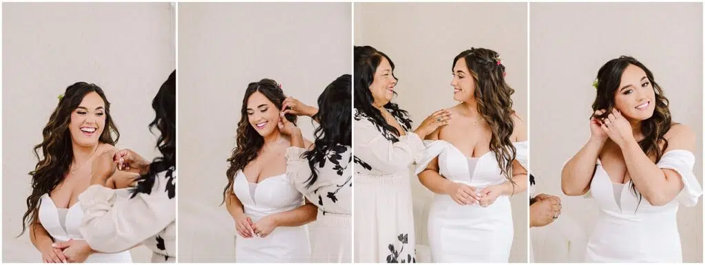 Snohomish Wedding Photographer GSquared Weddings In the heart of Machias, a bride with long, wavy hair smiles as she gets ready. Clad in a strapless white dress, joy fills the air as another person lovingly assists with her hair and accessories, creating an intimate atmosphere. Serving Seattle, Snohomish and Washington State