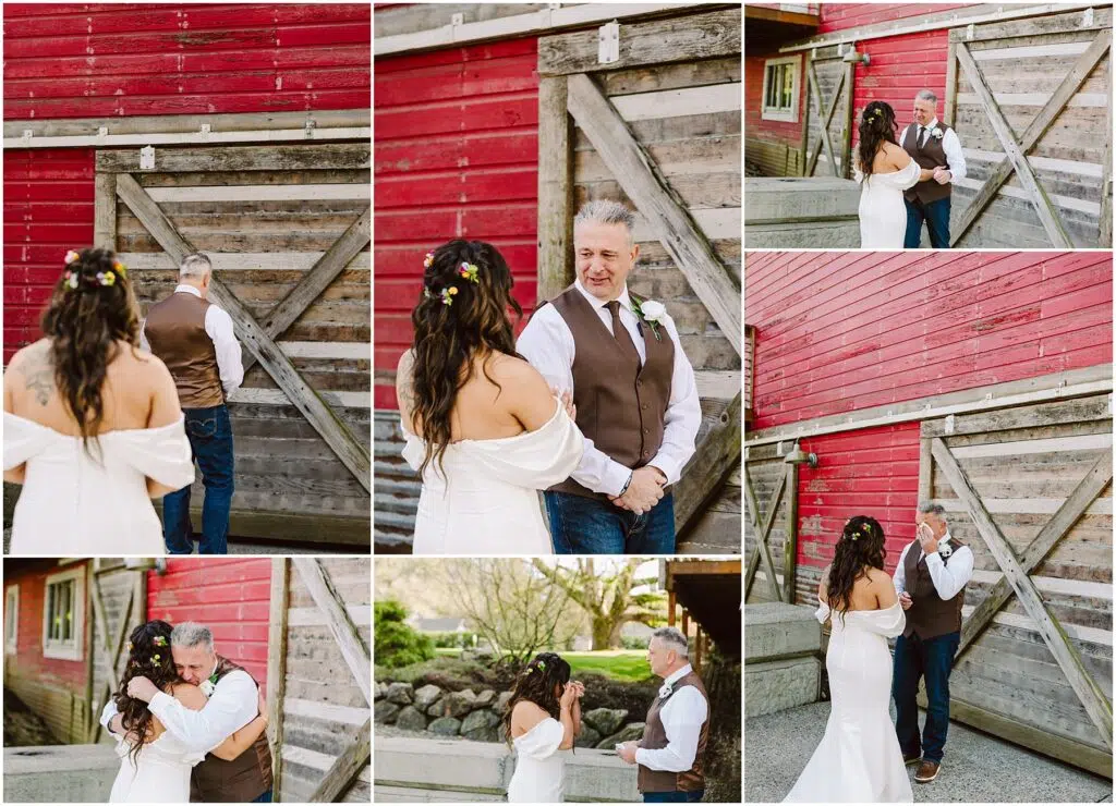Snohomish Wedding Photographer GSquared Weddings A collage of six images captures a wedding couple against the rustic red Machias barn backdrop. They face each other, smiling and embracing, as the bride in an off-shoulder dress meets the groom in a vest amidst an enchanting outdoor setting with trees and rocks. Serving Seattle, Snohomish and Washington State