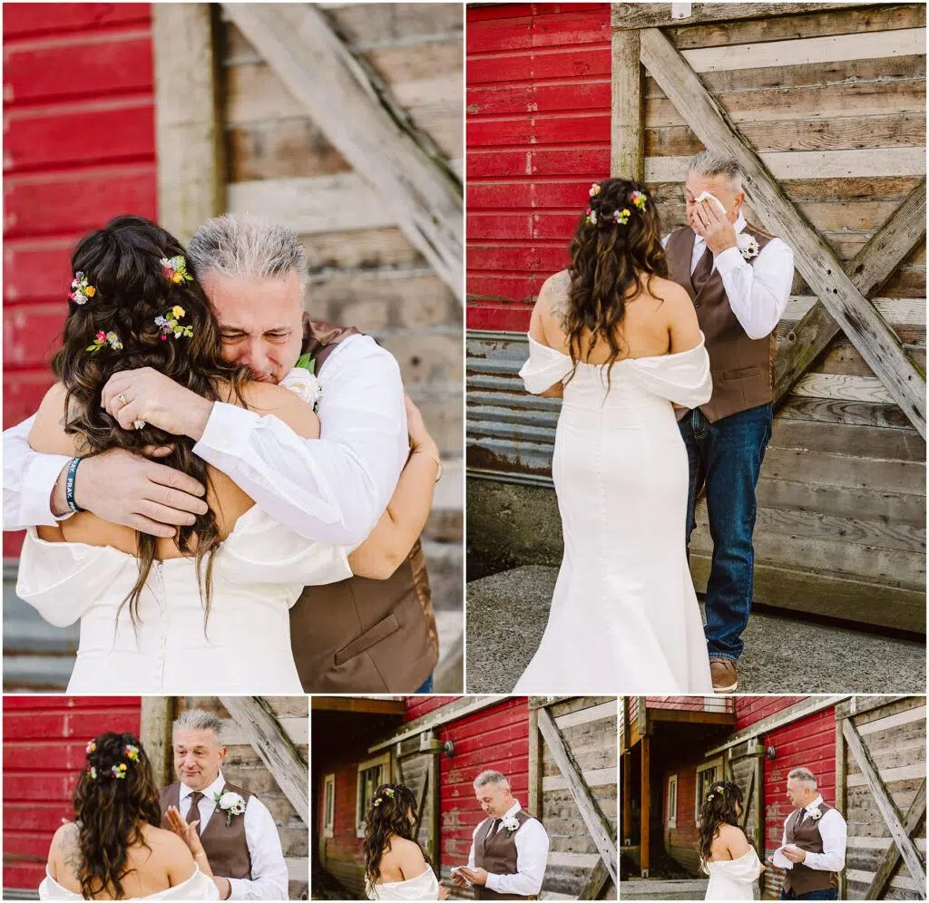 Snohomish Wedding Photographer GSquared Weddings Near the rustic wooden and red barns of Machias, a bride in a white gown and floral hairpiece embraces an emotional man in a brown vest and white shirt. He covers his eyes, visibly touched by the moment. Serving Seattle, Snohomish and Washington State