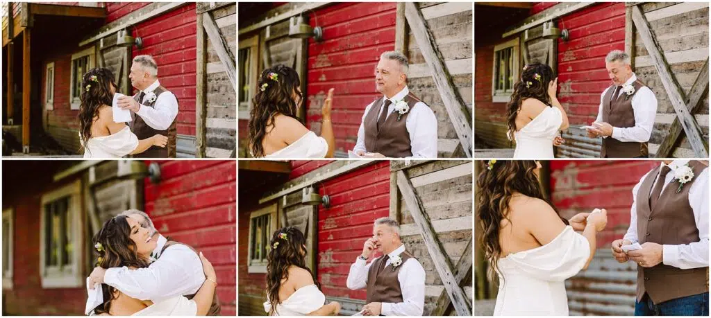 Snohomish Wedding Photographer GSquared Weddings A series of images captures a couple in wedding attire sharing an emotional moment outside a rustic red barn in Machias. The man appears tearful, and the woman offers comfort. They embrace and exchange rings, surrounded by weathered wooden walls. Serving Seattle, Snohomish and Washington State
