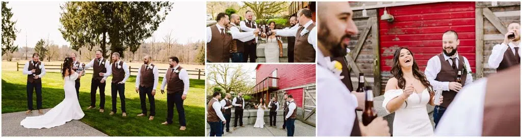 Snohomish Wedding Photographer GSquared Weddings The bride and groom, alongside groomsmen in brown vests, share laughter near a red barn in Machias. The bride in her white dress with flowing hair holds a beer bottle as they all enjoy the sunny day, embracing the rustic charm of their joyous celebration. Serving Seattle, Snohomish and Washington State