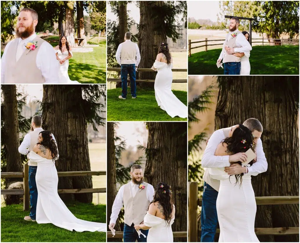 Snohomish Wedding Photographer GSquared Weddings A couple in a wedding dress and vest embrace and exchange smiles outdoors, near Machias large trees and a wooden fence. The groom has a beard, and the bride has long dark hair adorned with flowers. The setting is sunny and grassy, creating a perfect backdrop for their special day. Serving Seattle, Snohomish and Washington State
