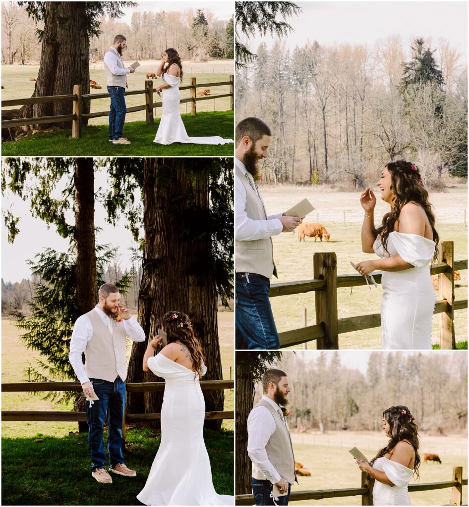 Snohomish Wedding Photographer GSquared Weddings In the serene countryside of Machias, a couple exchanges vows near a rustic fence with a pasture in the background. The woman, radiant in her white dress, and the man, casual in jeans and a vest, smile emotionally as cows graze nearby amidst lush trees and grass. Serving Seattle, Snohomish and Washington State