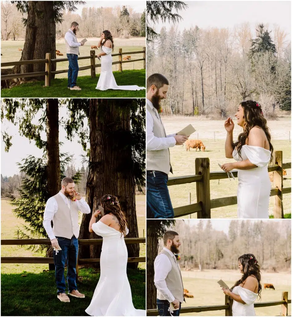 Snohomish Wedding Photographer GSquared Weddings In the serene countryside of Machias, a couple exchanges vows near a rustic fence with a pasture in the background. The woman, radiant in her white dress, and the man, casual in jeans and a vest, smile emotionally as cows graze nearby amidst lush trees and grass. Serving Seattle, Snohomish and Washington State